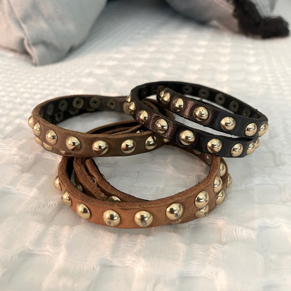 Linea Pelle Leather Studded Wrap Bracelets. Set of 3, Black, Saddle,Olive.